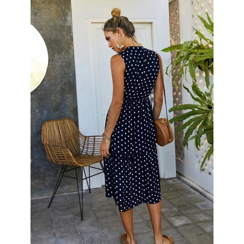 Navy blue white polkadot sleeveless  midi dress - Picture 2 of 3